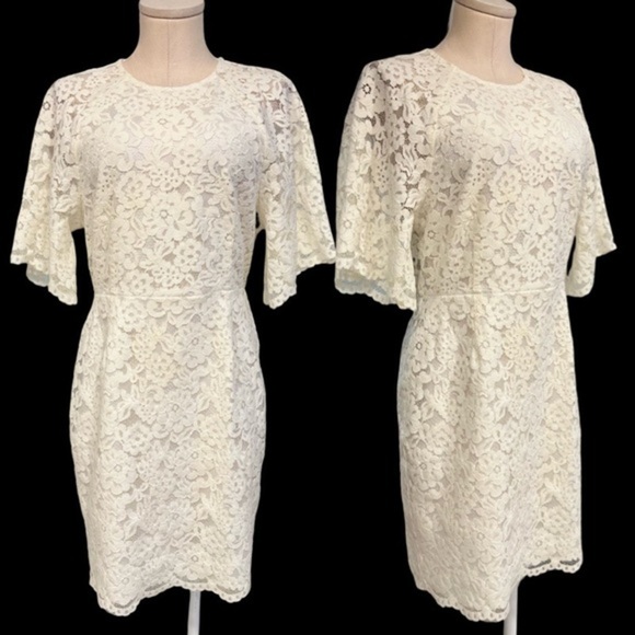 H&M Gold Label Ivory Short Sleeve Midi Lace Dress with a Back Slit - Picture 1 of 16